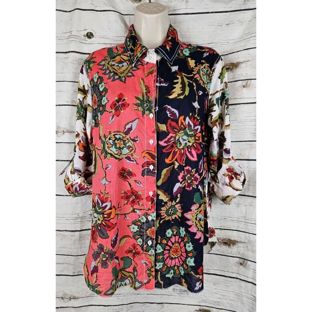 Cino Floral Button Up Top M Roll Tab Sleeves Boho Mixed Prints 100% Cotton